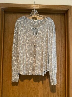 Lucky Brand Light Blue Floral Tie-Neck Peasant Blouse
